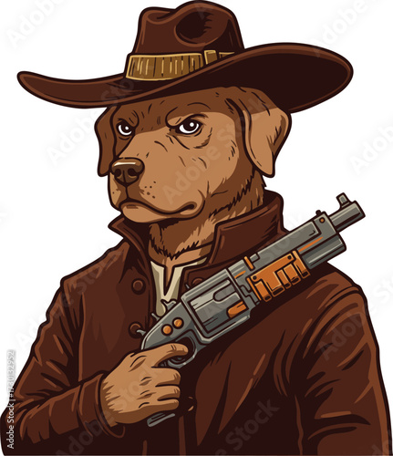 Dog character dressed as cowboy holding futuristic gun in brown outfit and hat vector illustration 
