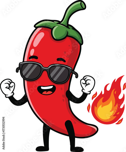 Red chili pepper cartoon character with sunglasses and fire flame illustration vector design 