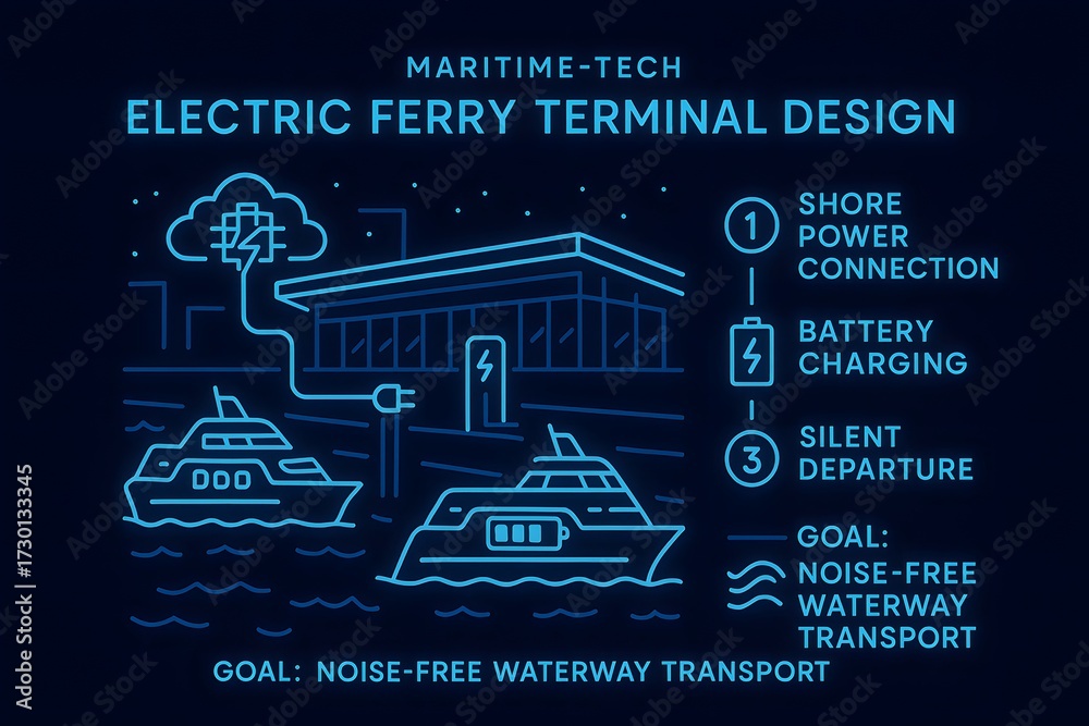 Obraz premium Electric Ferry Terminal Design with Charging Infrastructure and Sustainable Transport for Urban Mobility