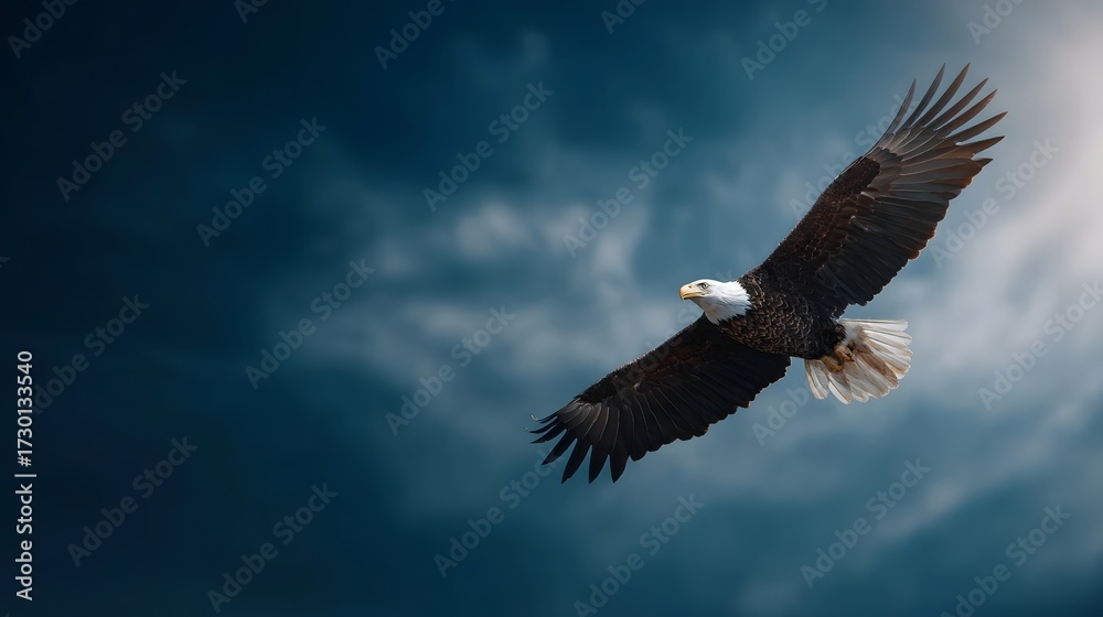Naklejka premium Majestic bald eagle soars through a dramatic cloudy sky illuminated by breaking sunlight symbolizing freedom and power