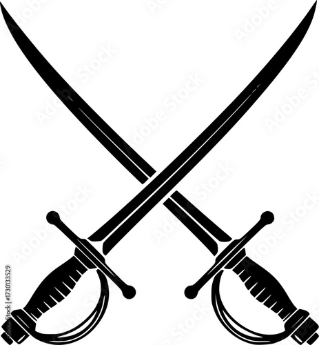 A minimalist design featuring two crossed sabers (swords) on a stark white background