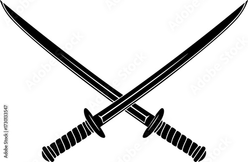 A minimalist design featuring two crossed sabers (swords) on a stark white background