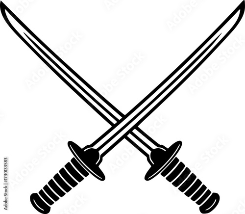 A minimalist design featuring two crossed sabers (swords) on a stark white background