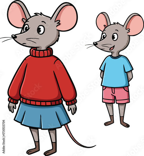 Cartoon mice siblings wearing colorful casual clothes standing together in friendly pose vector illustration 