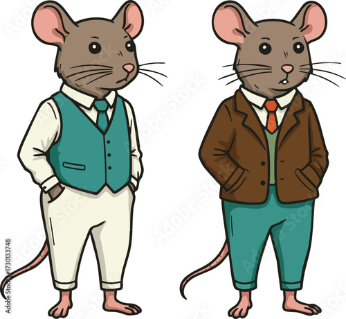 Two anthropomorphic mice dressed in vintage formal menswear standing side by side vector illustration 