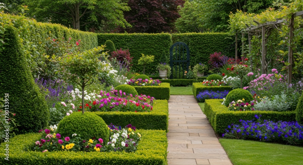 Obraz premium Ornate garden with lush flowerbeds and trimmed hedges in spring 