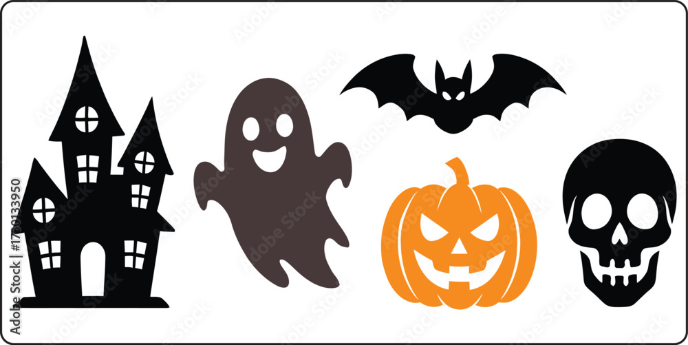Fototapeta premium Spooky Halloween Silhouettes A Festive Collection of Classic Icons for Haunting Decorations and Celebratory Designs