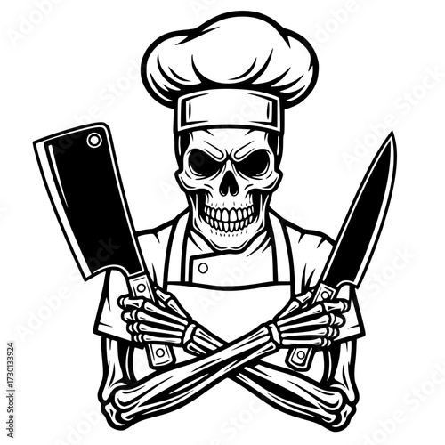 Chef skeleton with toque and crossed cleaver and knife, cooking, skull, Halloween, butcher, restaurant