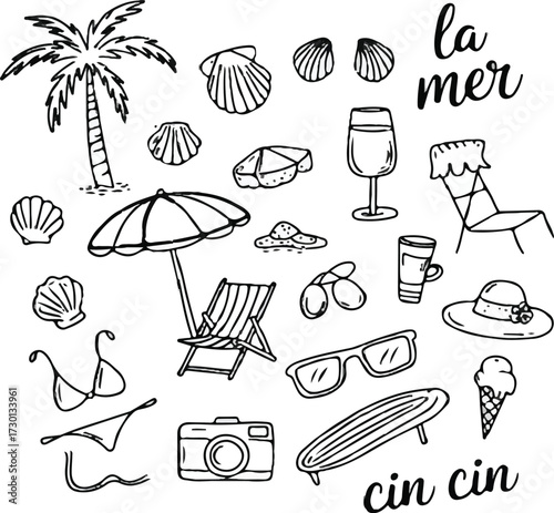 Doodle style illustration featuring beach themed icons in black and white on a white background