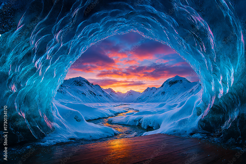 Naklejka premium Frozen Majesty: Ice Cave Opening to a Snowy Valley and a Vibrant Winter Sunset