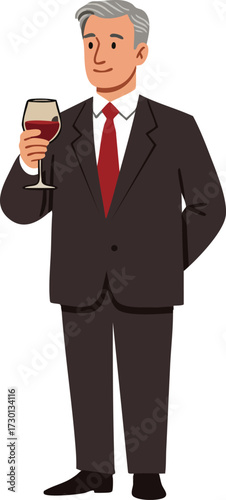 Mature man in black suit holding glass of red wine drinking beverage socializing in formal attire vector illustration 