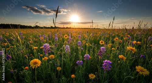 Colorful wildflowers blooming in a field during sunset  