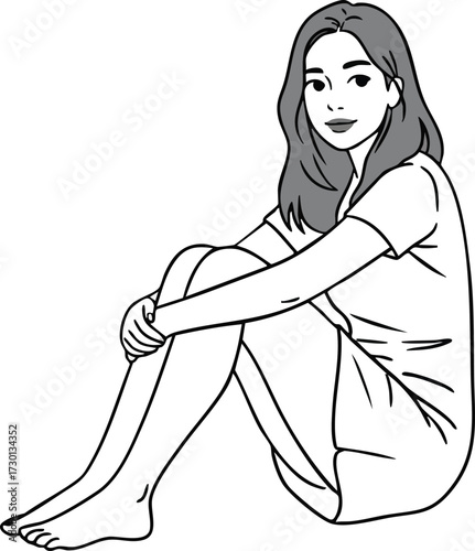 Young woman sitting on floor with arms wrapped around legs relaxed pose vector illustration 