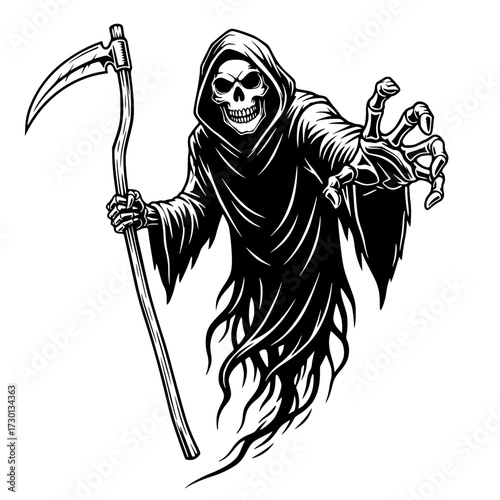 Spooky Grim Reaper with scythe reaching out, death, horror, Halloween, ghost, evil