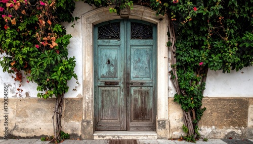 Old Wooden Doorway with Greenery.