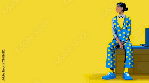 Person sitting on table with a laptop yellow background illustration