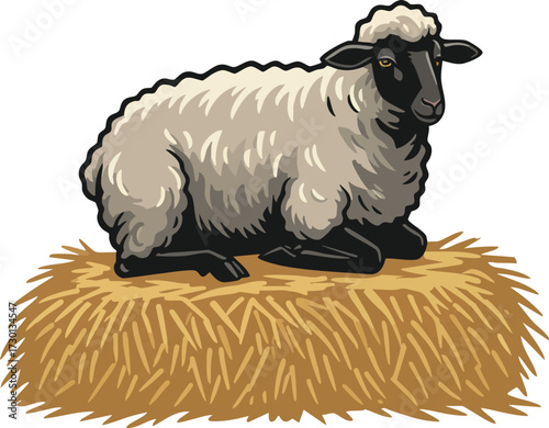 Sheep resting on straw bale farm animal vector illustration with natural wool texture and calm pose 