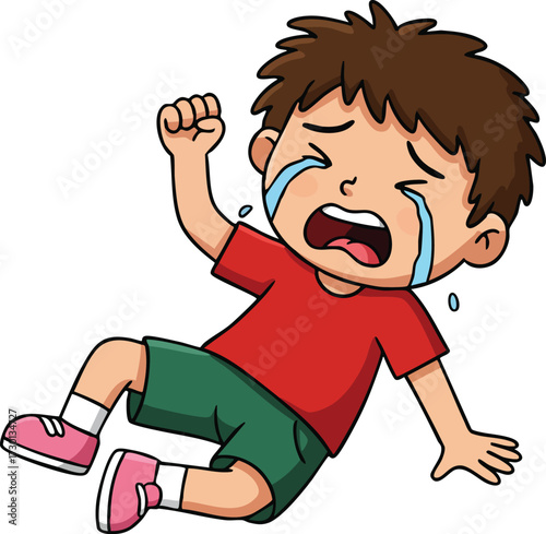 Crying boy in red shirt and green shorts sitting on floor expressing sadness and frustration vector illustration 