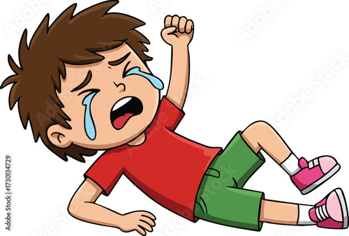 Crying little boy lying on ground in red shirt and green shorts vector illustration of upset child with tears and pink sneakers 