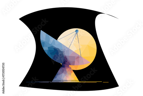 Abstract sci‑fi vector of polygonal satellite‑dish, symbolizing interstellar resonance, cosmic transmission, and futuristic signal architectures