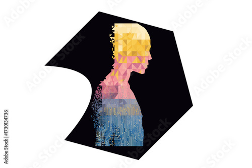 Abstract sci‑fi vector of fragmented human‑form, symbolizing digital disintegration, cosmic identity, and futuristic bio‑signal metamorphosis