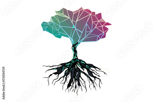 Abstract sci‑fi vector of geometric knowledge‑tree, symbolizing digital roots, cosmic growth, and futuristic bio‑data ecosystems