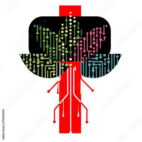 Abstract sci‑fi vector of circuit‑flora hybrid, symbolizing synthetic ecosystems, bio‑digital evolution, and futuristic nature‑technology fusion