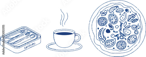 Line drawing of sardines in a can coffee cup with steam and a pizza on a white background