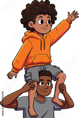 Two boys enjoying playful piggyback ride with one boy wearing bright orange hoodie and grey shorts waving hand happily 
