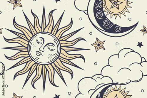 Celestial seamless vector pattern of sun moon and stars for design and illustration projects