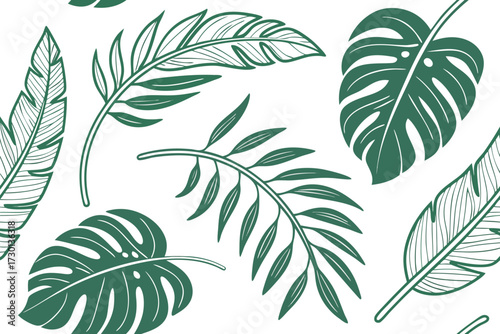 A seamless vector pattern featuring a dense arrangement of lush tropical palm leaves in various shades of green and botanical elements ideal for exotic backgrounds