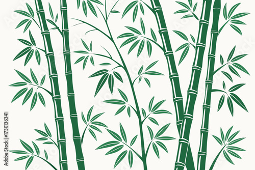 Seamless repeating pattern of stylized bamboo stalks and leaves in a natural green and brown color palette perfect for decorative backgrounds and textile designs