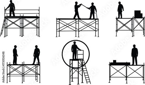 Construction worker silhouette, scaffolding platform, building site safety, industrial labor, teamwork, ladder access, construction equipment, black outline, vector design, architecture illustration