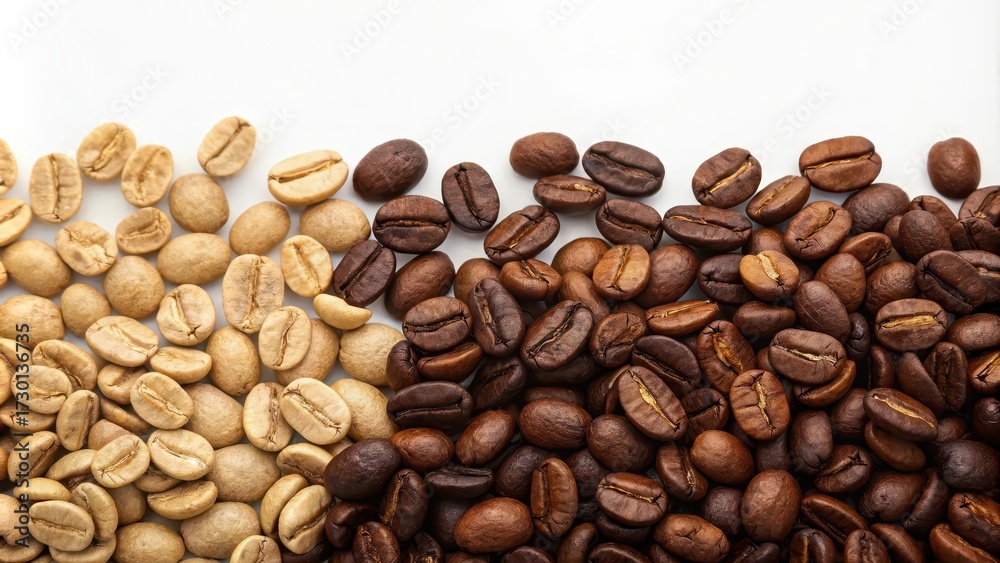 Fototapeta premium Roasted Arabica coffee beans background with mixed roast coffee (light, medium, dark) , Arabica