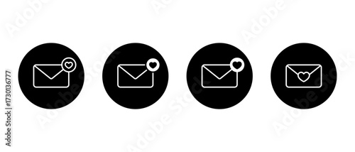 Love message icon set in black circle. Envelope with heart symbol