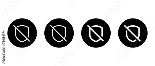 No defense shield icon set in black circle. Privacy and safety off symbol