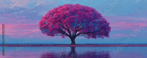 Human brain tree blooming for self care concept. A vibrant pink tree against a serene twilight sky.