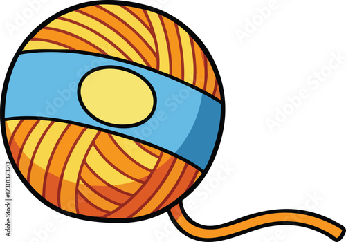 Ball of orange yarn with blue label for knitting and crochet crafts vector illustration 