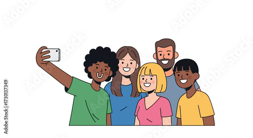 A diverse group of friends happily posing for a selfie, capturing a moment of togetherness and joy.