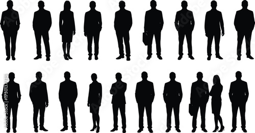 Silhouette business people, corporate professionals, team standing in formal wear, teamwork concept, isolated on white background, group of employees