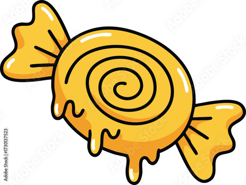 Wrapped caramel candy sweet treat illustration with shiny golden color and spiral design vector drawing 
