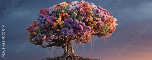 Human brain tree blooming for self care concept. A vibrant tree adorned with colorful flowers under a dramatic sky.