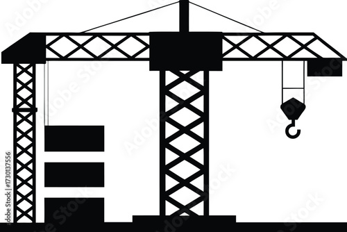 Black construction tower crane with load and hook industrial 1
