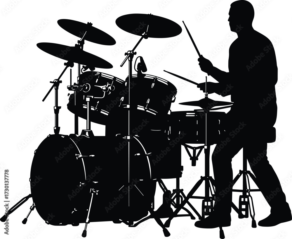 Fototapeta premium Silhouette of Drummer Playing Drum Set, Live Music Performance, Percussion Artist on Stage, Musician with Drum Kit, Black Background Art