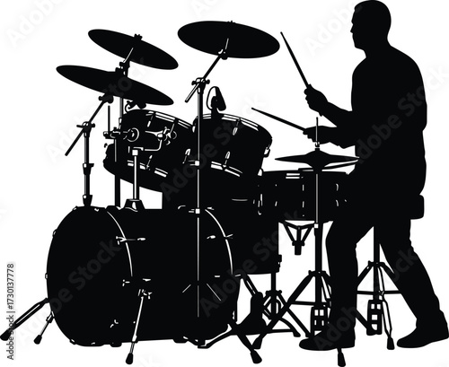Silhouette of Drummer Playing Drum Set, Live Music Performance, Percussion Artist on Stage, Musician with Drum Kit, Black Background Art