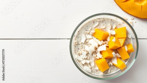 summer healthy food tropical overnight oats top view copy space coconut flakes breakfast mango
