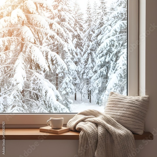 따뜻한 차가 담긴 창가에 머그잔, 따뜻한 느낌을 주는 니트와 눈이 가득 쌓인 배경의 사진