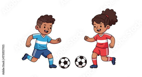 Cartoon illustration of a boy and girl playing soccer, dribbling balls, wearing team uniforms against a white background.