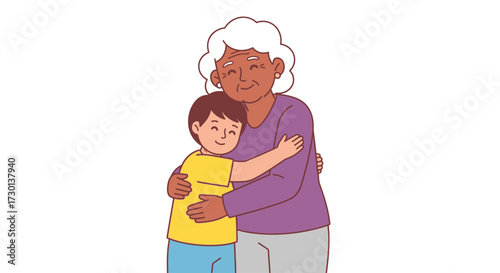 A heartwarming illustration depicts a grandmother embracing her grandson with love and affection, showcasing a close family bond.
