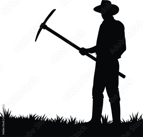 Black silhouette cowboy with pickaxe in grass vector 1